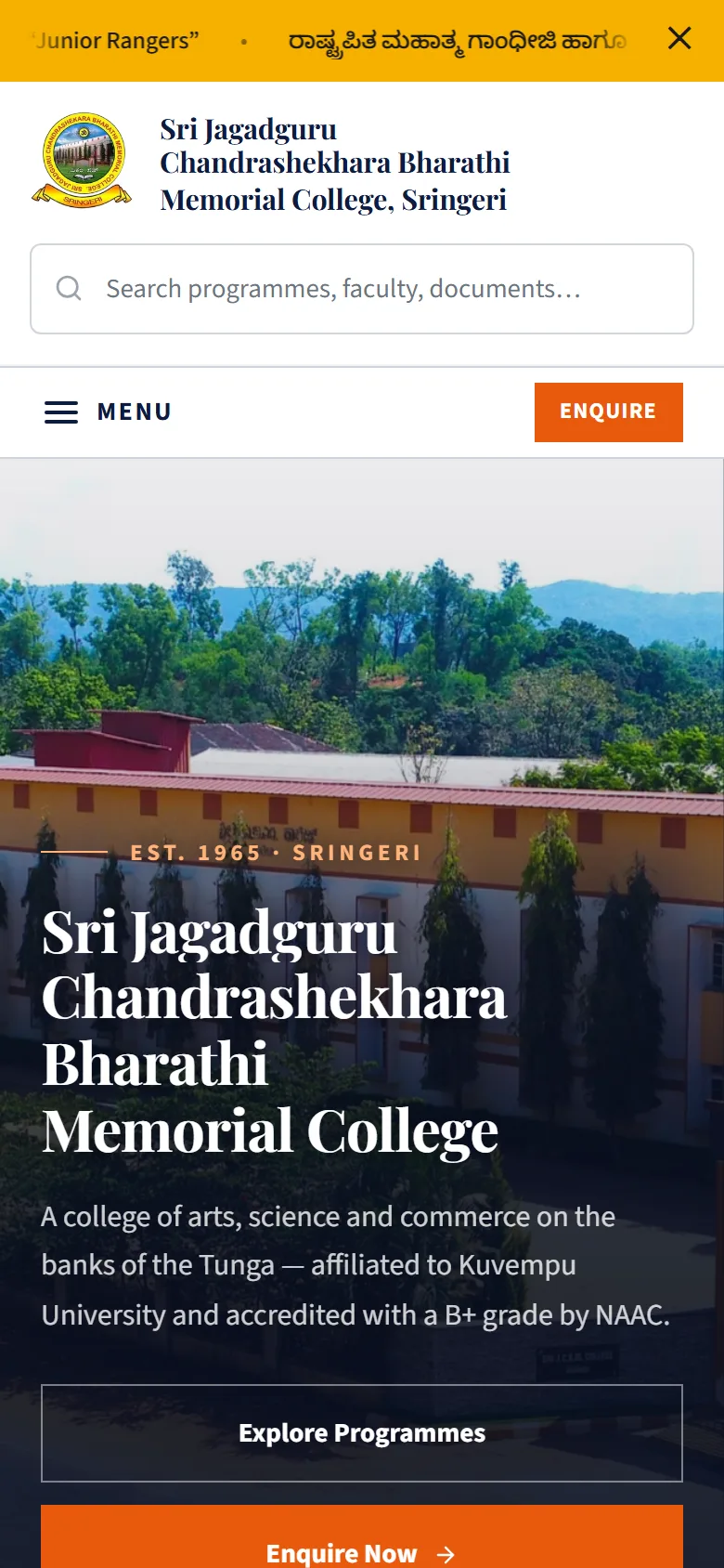 The same homepage on a phone: the news ticker, crest and college name, a search field, a menu button with an Enquire button, and the campus photograph with the headline.