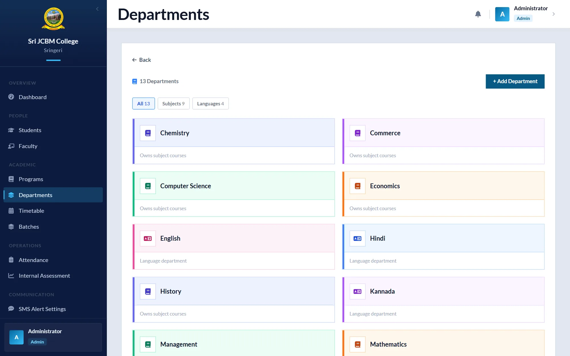 The Departments page: 13 teaching departments, nine subject departments and four language departments, shown as colour-coded cards.