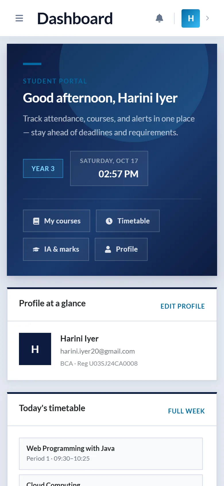 The student dashboard on a phone: a greeting, year of study, shortcuts to courses, timetable, IA marks and profile, and today's classes.
